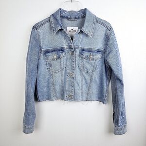 Hollister Light Wash Semi-Cropped Frayed Denim Jean Jacket with Pink Stitching